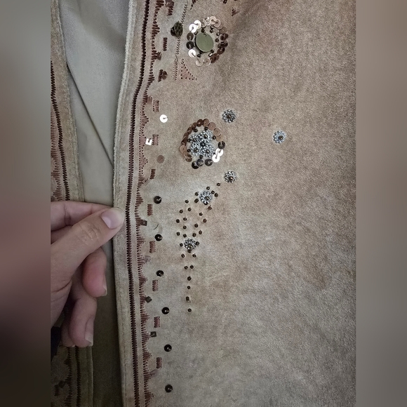 Chicos Women's Jacket Leather Open Front Collared W/ Lining Embroidery - Picture 5 of 9